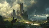 A medieval castle stands on rugged terrain, with pointed turrets rising under a stormy, dramatic sky.