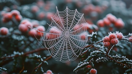 A spider web covered in frost on a tree branch, great for winter or seasonal themes  
