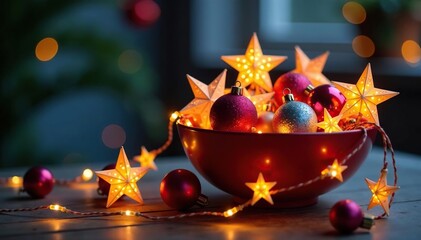 Glowing paper star garland in a festive bowl filled with ornaments and glowing lights, festive bowl, ornaments