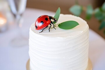 Decorative cake featuring a ladybug with green leaves on top of smooth white frosting