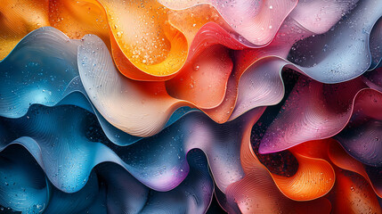 Wall Mural - Abstract colorful wavy fabric with water droplets.