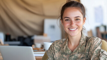 Wall Mural - Australian woman in army uniform smiling, working with a laptop at tent