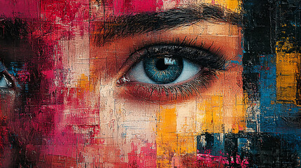 Wall Mural - Close-up of a woman's eye, artfully blended with vibrant paint strokes.