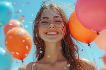 Happy Woman With Balloons And Confetti Smiling In Celebration On A Sunny Day Party Atmosphere