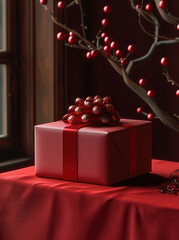 Poster - New Year gift box on the red table, minimalist style, dark pink, China New Year celebration.
