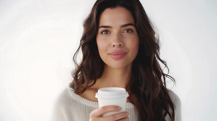 Wall Mural - A portrait of a beautiful woman with soft lighting, holding a coffee cup and gazing warmly at the camera, isolated on a white background. 8k UHD, suitable for high-quality printing or digital 