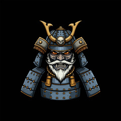 A detailed illustration of a stern faced elderly samurai wearing traditional Japanese armor with a skull emblem.