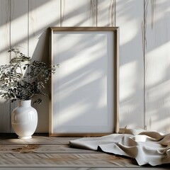 Poster - A mockup featuring a single A4-sized vertical frame prominently displayed. The frame is positioned on a sleek, minimalist wooden surface with a clean, neutral background.