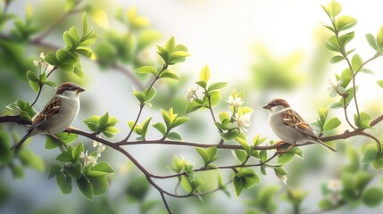 Poster - Spring, a sparrows, green branches.