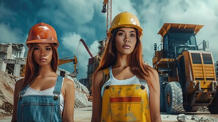 Fototapete - Multicultural construction women, representing teamwork and industry diversity.