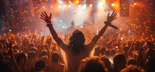 Poster - A festival, rave, DJ on stage, huge crowd, party.
