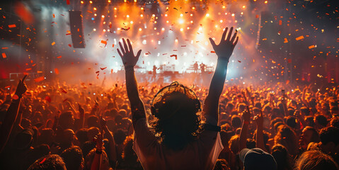 Poster - A festival, rave, DJ on stage, huge crowd, party.