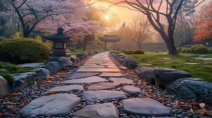 Poster - A tranquil Zen garden at dusk, featuring a weathered stone pathway leading to an ancient temple. The air is filled with an atmosphere of humility and quiet reflection.