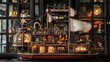 © anonymous - Detailed steampunk model ship, intricate design with lit compartments, wooden hull, and detailed sails, displayed on a table against a backdrop of dark shelves.