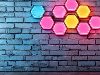 Poster - Neon hexagons on a brick wall