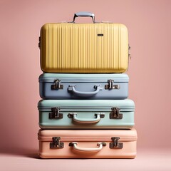 pastel suitcases ready for adventure: four colorful suitcases, stacked high and ready to embark on a