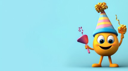 Happy cartoon character celebrating a birthday with a party hat and noisemaker against a light blue background.