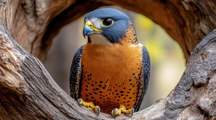 a peregrine falcon perched in a tree hollow, showcasing its vibrant plumage and sharp gaze.
