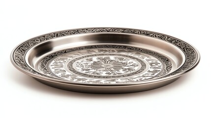 Decorative metal plate with intricate design on white isolated background