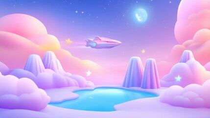 Wall Mural - A pink and blue sky with a spaceship flying through it