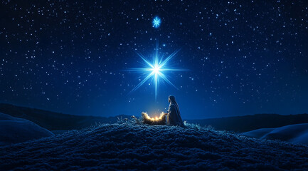 Wall Mural - bright shining star of bethlehem on dark blue starry night sky. star of jesus, christmas star. nativ