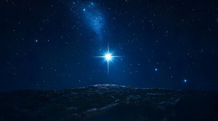 Wall Mural - bright shining star of bethlehem on dark blue starry night sky. star of jesus, christmas star. nativ