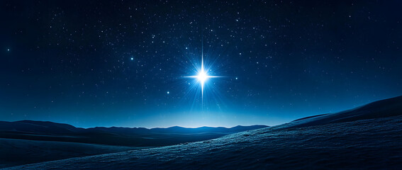 Wall Mural - bright shining star of bethlehem on dark blue starry night sky. star of jesus, christmas star. nativ