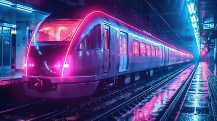 Aufkleber - Neon dark gradient color train in city, night scary atmosphere.