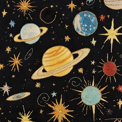 Wall Mural - Cosmic embroidery pattern with planets, stars, and celestial bodies on dark background.