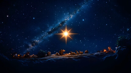 Wall Mural - bright shining star of bethlehem on dark blue starry night sky. star of jesus, christmas star. nativ