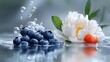 © jolly - Blueberries, peony, and cherry in water with bubbles.