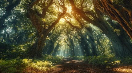 Poster - Primeval forest, sunlight in the gap, towering ancient trees, mysterious plants, mysterious atmosphere.