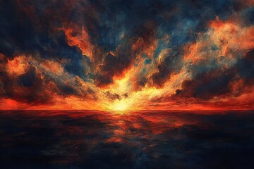 Wall Mural - Fiery sunset over ocean, dramatic cloudscape.