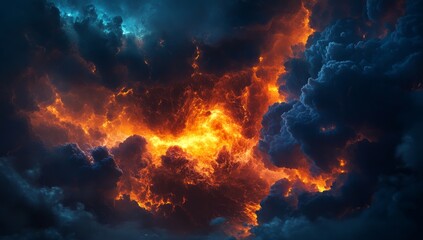 Wall Mural - Fiery orange and blue storm clouds.