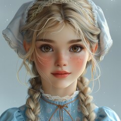 Wall Mural - A rosy-cheeked girl with blond hair, two long braids, brown eyes.