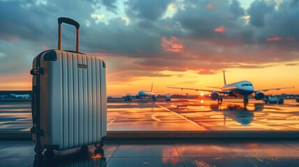 Poster - A suitcase positioned near the window overlooking taxiing planes at dawn, reflecting the early morning hues.