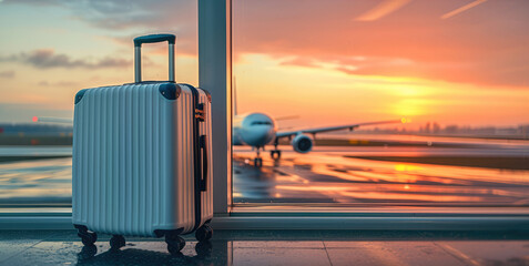 Poster - A suitcase positioned near the window overlooking taxiing planes at dawn, reflecting the early morning hues.