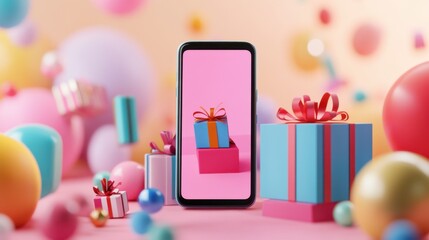 Poster - 3D smartphone mockup with colorful gift boxes and shopping icons, set against a bokeh-filled background, representing online shopping.