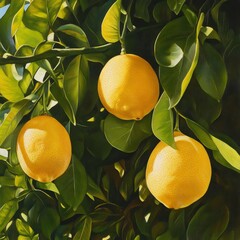 Poster - Three ripe lemons hanging from a tree branch, illuminated by sunlight.