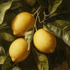 Poster - Three ripe lemons on a branch with leaves, painted in a realistic style.