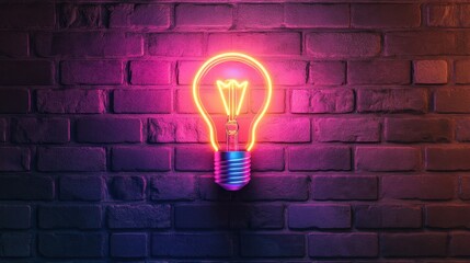 Fototapete - A creative neon light bulb glowing softly against a textured brick backdrop, representing enlightenment in health discussions.