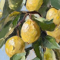 Poster - Close-up oil painting of ripe lemons on a tree branch. (1)