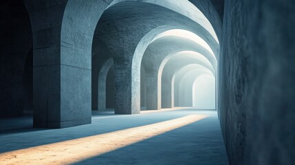 Empty Stone Corridor with Soft Light and Arches