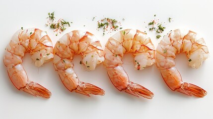 Sticker - Five raw prawns, seasoned with a blend of spices and herbs, arranged neatly on a white background. The prawns are translucent with a slight pink hue.