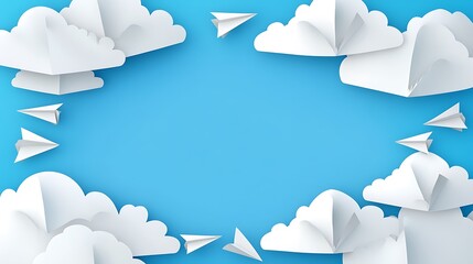 Paper airplanes fly amidst fluffy white clouds in a blue sky