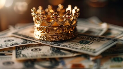 Poster - The rule of money depicted as a golden crown atop a pile of currency.