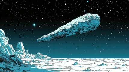 Wall Mural - cosmic encounter: a celestial asteroid soars through the starry night sky over a frozen, desolate al