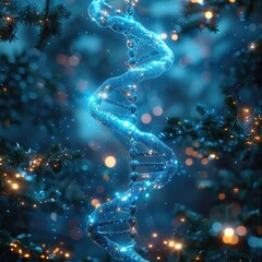 Leinwandbilder - A DNA double helix made of glass, in a turquoise color with blue lights and sparkles. In the background is a dark teal hue.