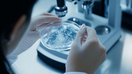 Wall Mural - Medicine research lab Asian female scientist examines a petri dish under a microscope Pharmaceutical specialists develop new drugs