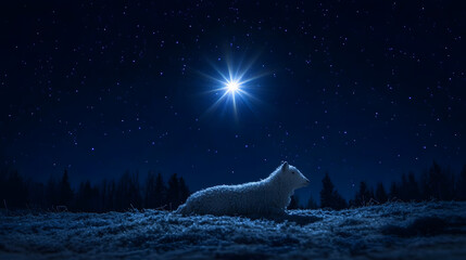 Wall Mural - bright shining star of bethlehem on dark blue starry night sky. star of jesus, christmas star. nativ